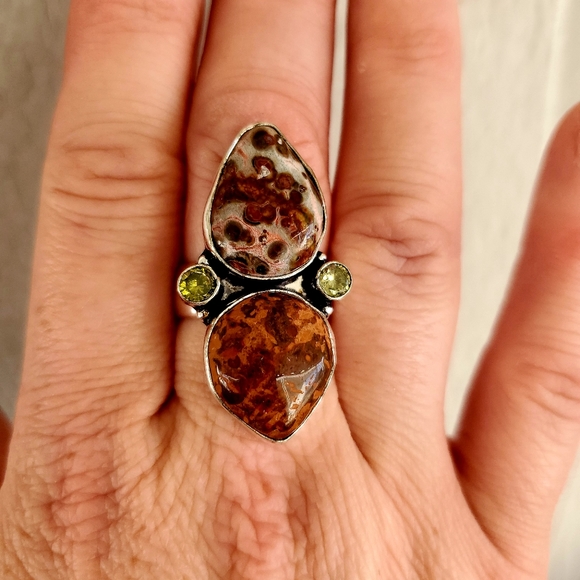 New Leopard Skin Jasper, Fossil Coral, Citrine 925 Silver Statement Ring. - Picture 6 of 8